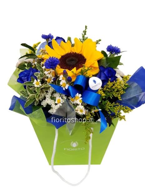 Boule grande con 3 rose blu e un girasole